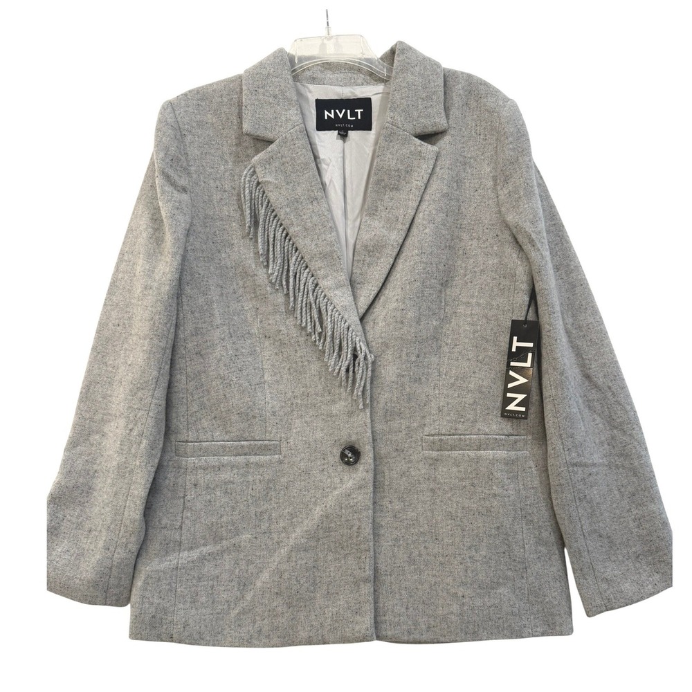 NVLT Light Grey Wool Blend Fringe Lapel Blazer Coat Women's M New
